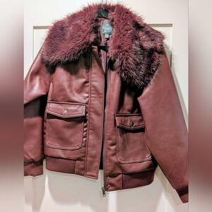 Wild Fable Maroon Leather Jacket with Faux Fur Collar